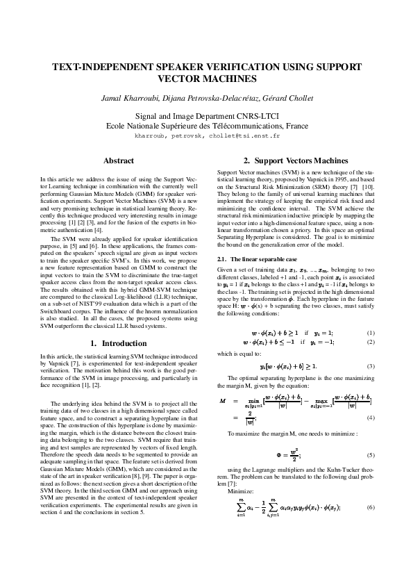 Text-independent speaker verification using support vector machines