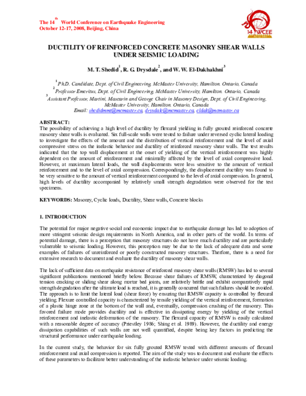(PDF) Ductility of reinforced concrete masonry shear walls under ...