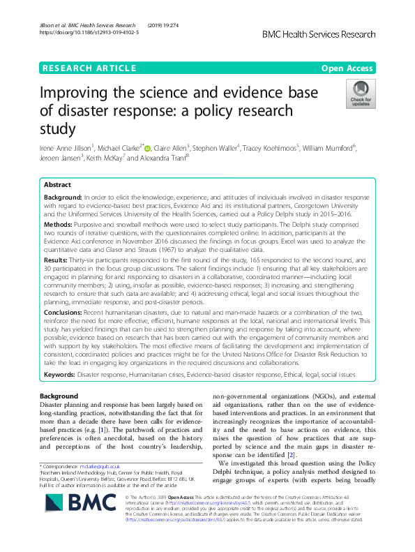 (PDF) Improving the science and evidence base of disaster response: a ...