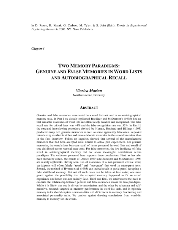 (PDF) Two memory paradigms: Genuine and false memories in word lists ...