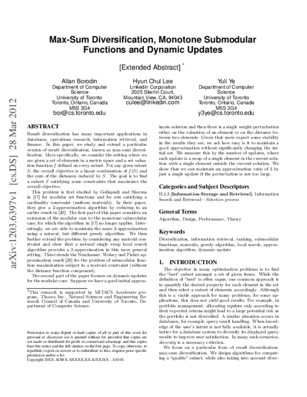 (PDF) Max-Sum diversification, monotone submodular functions and ...