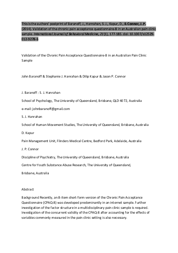 (PDF) Validation of the Chronic Pain Acceptance Questionnaire-8 in an ...