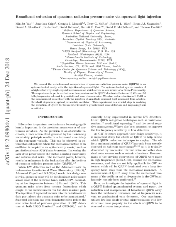 (PDF) Broadband reduction of quantum radiation pressure noise via ...