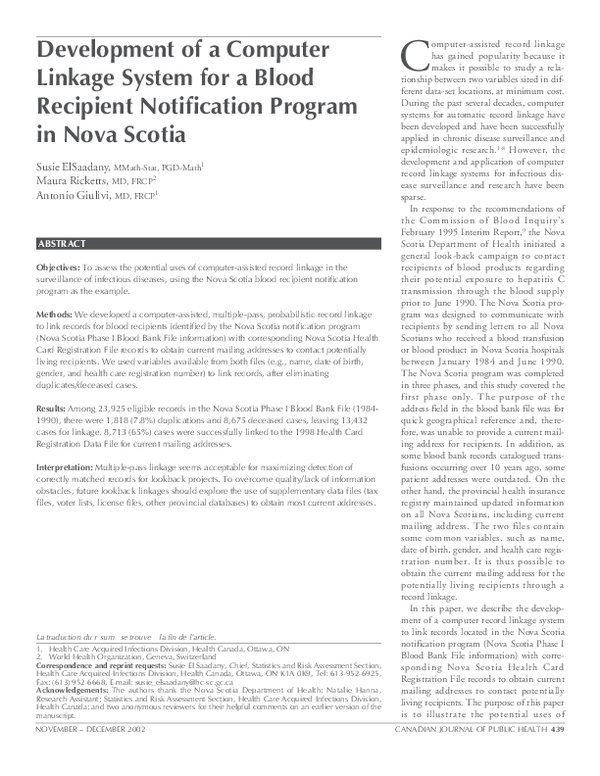 (PDF) Development of a computer linkage system for a blood recipient ...