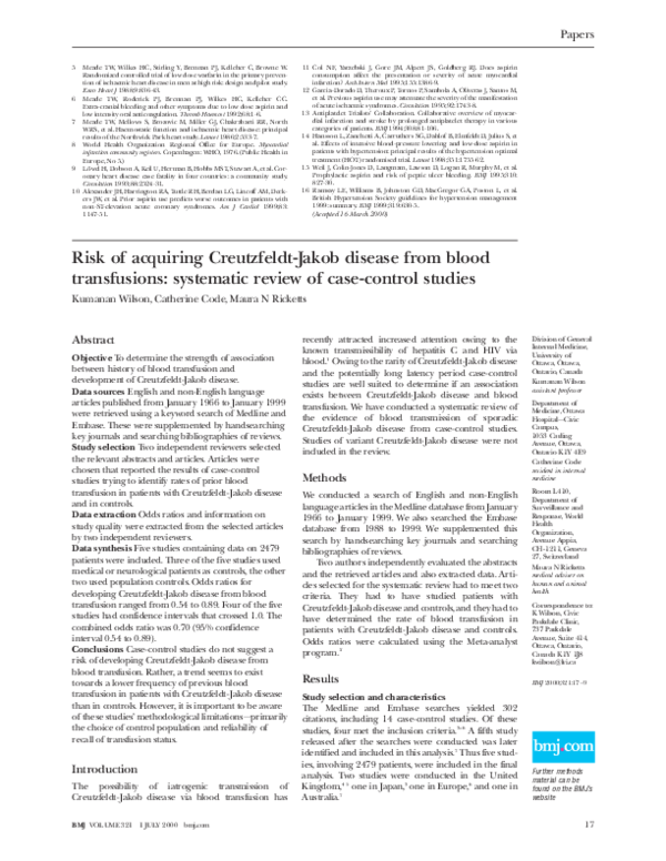 (PDF) Risk of acquiring CreutzfeldtJakob disease from blood