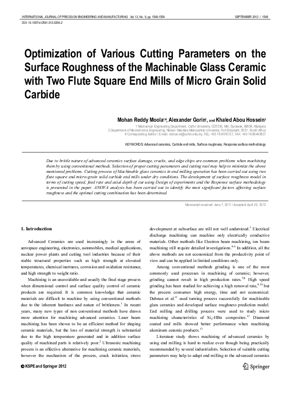 (PDF) Optimization of various cutting parameters on the surface ...