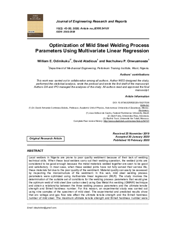(PDF) Optimization of Mild Steel Welding Process Parameters Using ...