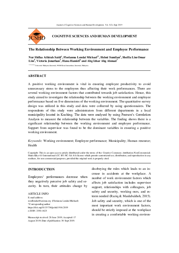 (PDF) The Relationship Between Working Environment and Employee Performance