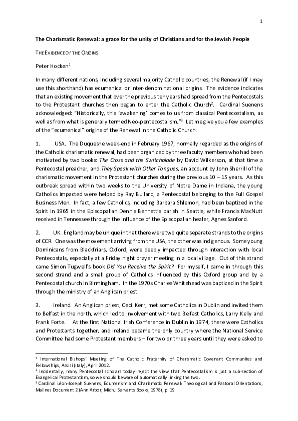 THE CHARISMATIC RENEWAL A GRACE FOR THE UNITY OF CHRISTIANS AND JEWISH PEOPLE - The evidence of the Origins by Mons. Peter Hocken