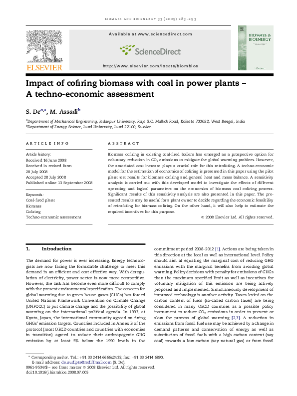 (PDF) Impact of cofiring biomass with coal in power plants – A techno ...