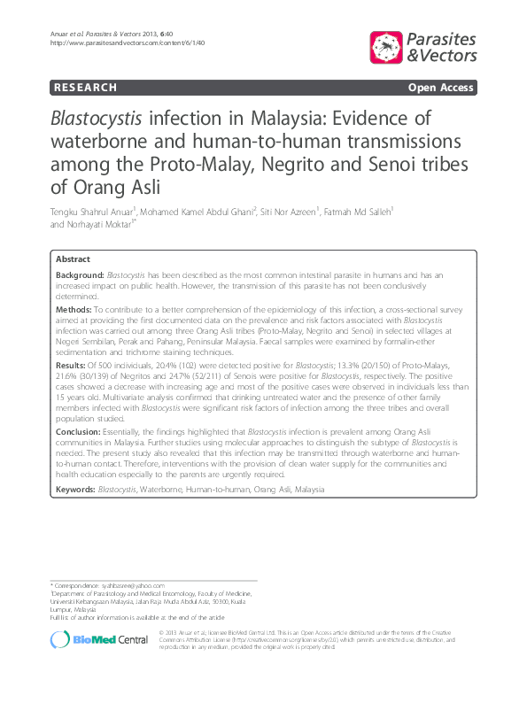 (PDF) Blastocystis infection in Malaysia Evidence of waterborne and