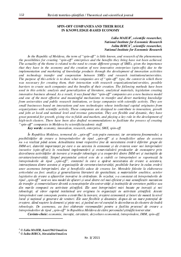 (PDF) SPIN-OFF COMPANIES AND THEIR ROLE IN KNOWLEDGE-BASED ECONOMY