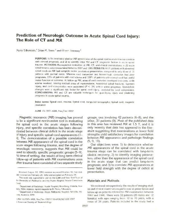 (PDF) Prediction of neurologic outcome in acute spinal cord injury ...