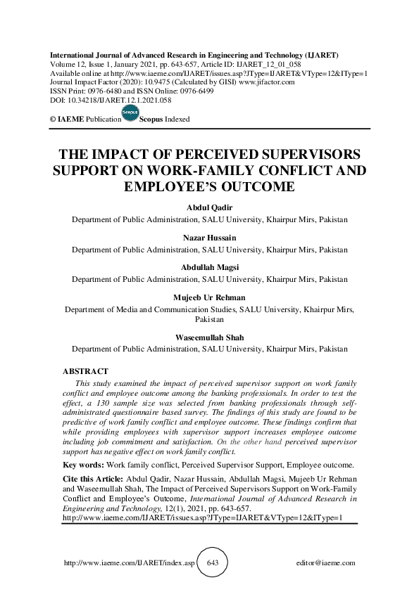 (PDF) THE IMPACT OF PERCEIVED SUPERVISORS SUPPORT ON WORK-FAMILY ...