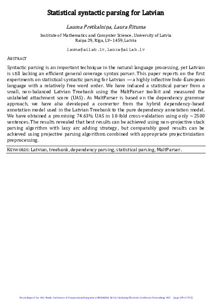 (PDF) Statistical syntactic parsing for Latvian