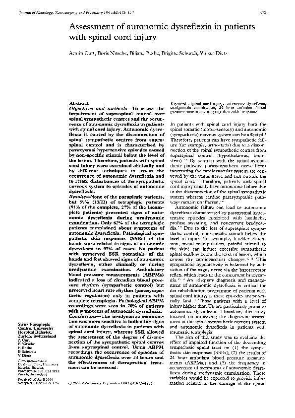 (PDF) Assessment of autonomic dysreflexia in patients with spinal cord ...