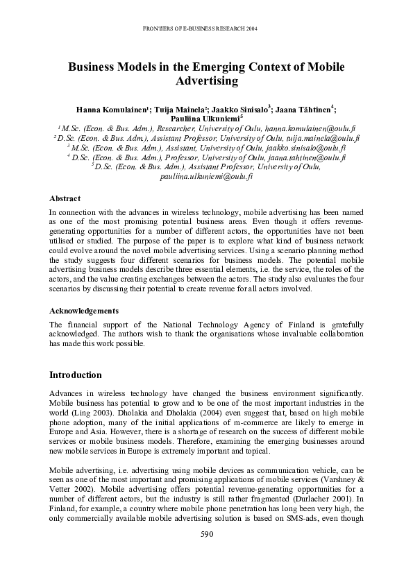 (PDF) Business models in the emerging context of mobile advertising
