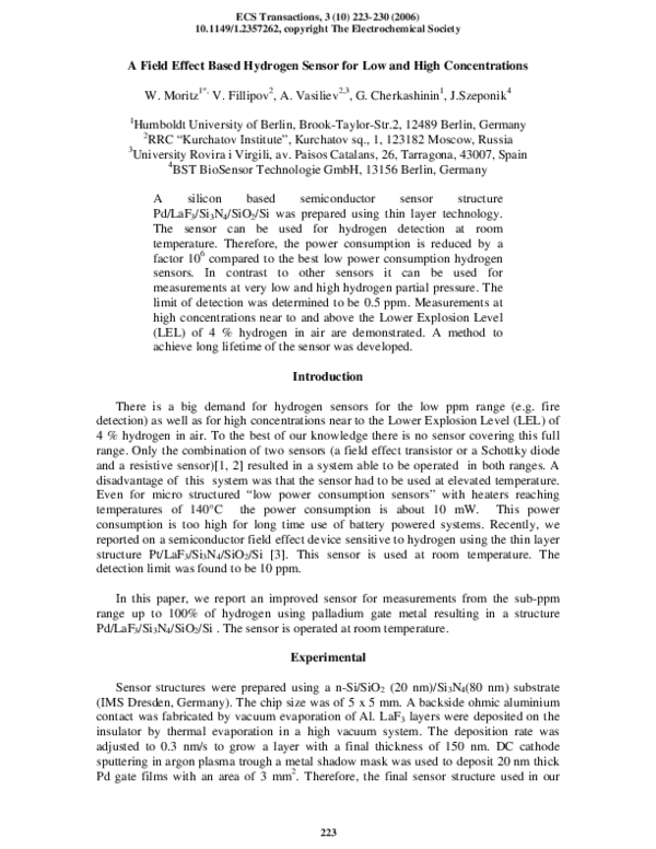 (PDF) A Field Effect Based Hydrogen Sensor for Low and High Concentrations