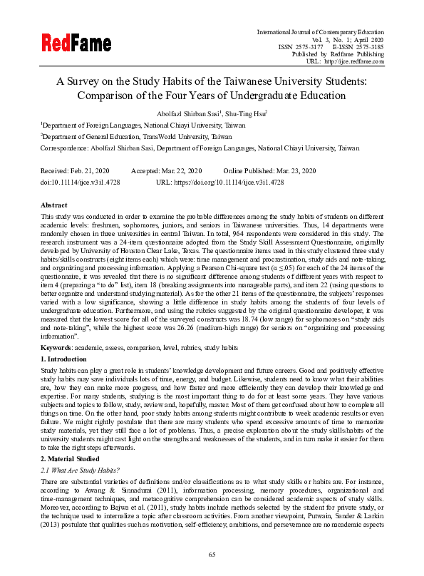 (PDF) A Survey on the Study Habits of the Taiwanese University Students ...
