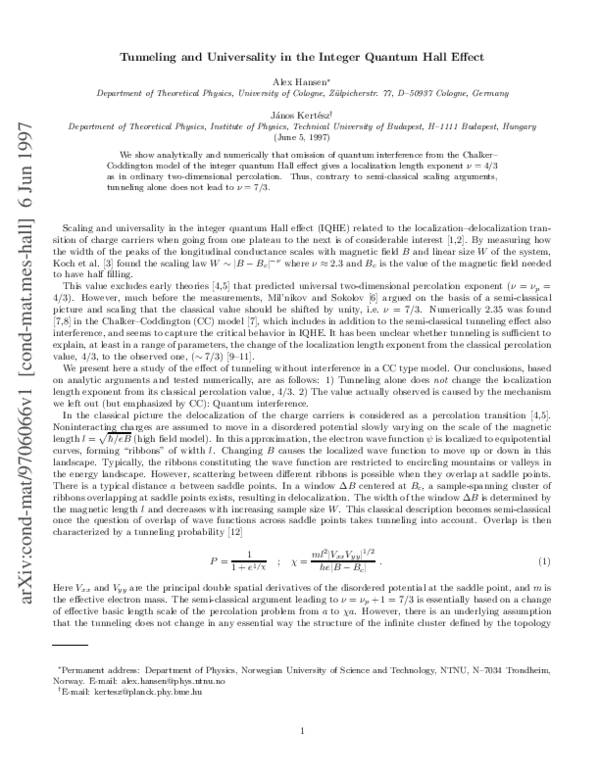 (PDF) Tunneling and Universality in the Integer Quantum Hall Effect