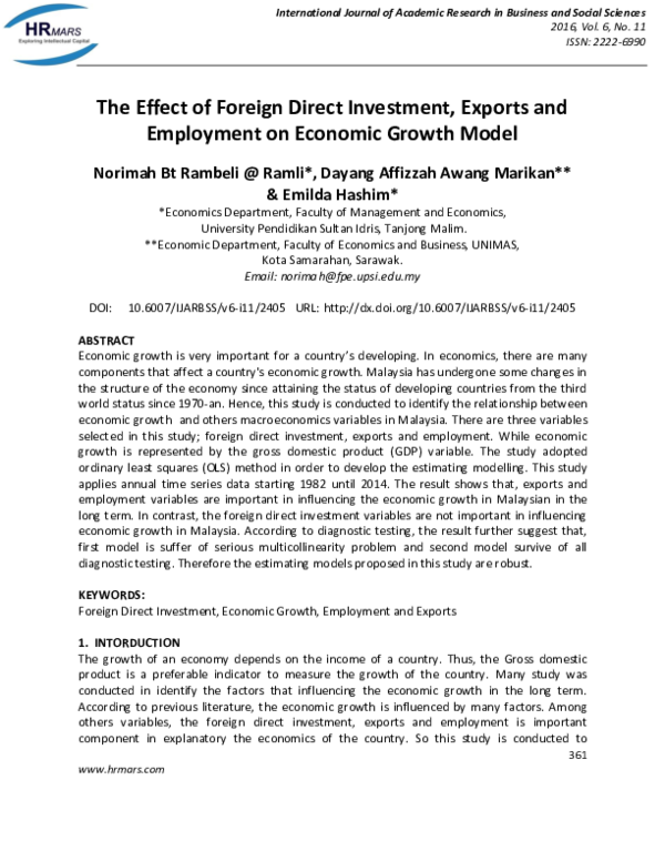 (PDF) The Effect of Foreign Direct Investment, Exports and Employment ...