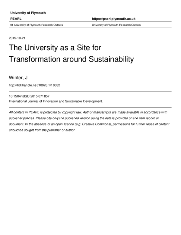 (PDF) The university as a site for transformation around sustainability