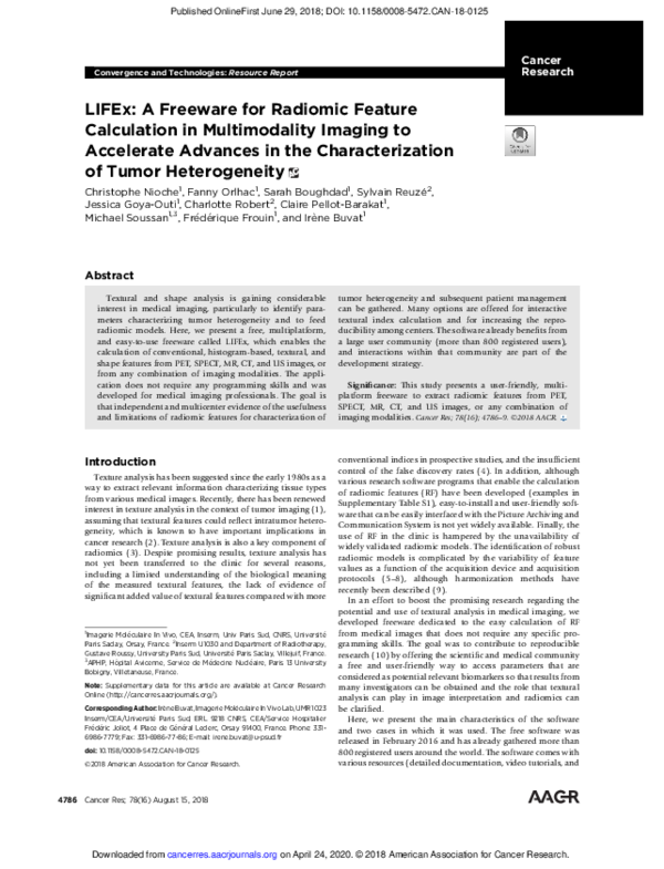 (PDF) LIFEx: A Freeware for Radiomic Feature Calculation in ...