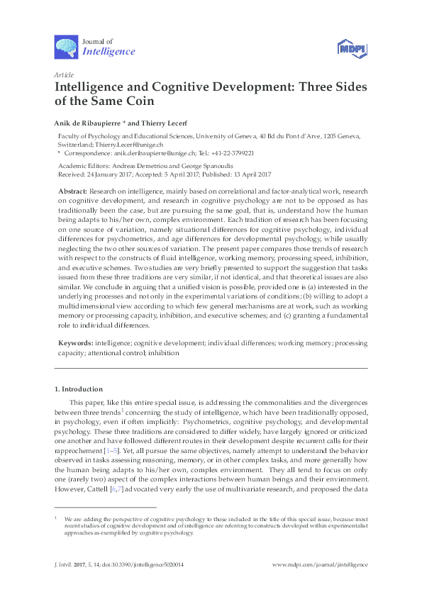 (PDF) Intelligence and Cognitive Development: Three Sides of the Same Coin