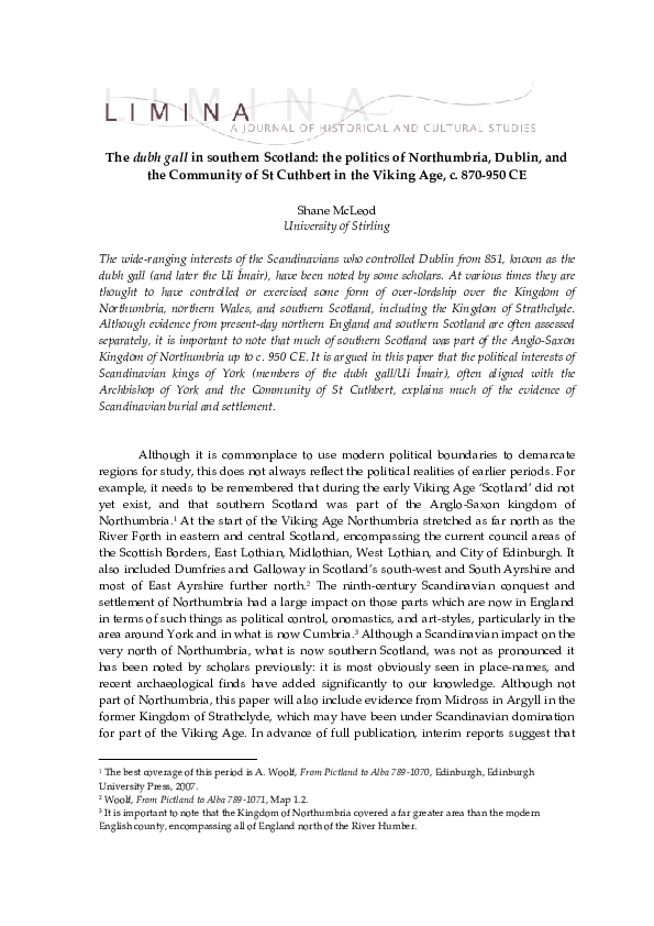 The dubh gall in southern Scotland: the politics of Northumbria, Dublin, and the Community of St Cuthbert in the Viking Age, c. 870-950 CE