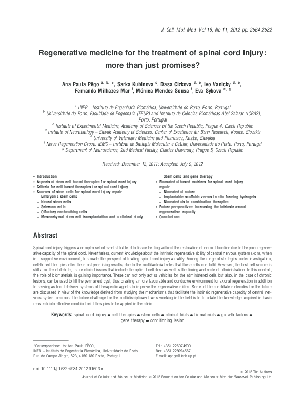 (PDF) Regenerative medicine for the treatment of spinal cord injury ...