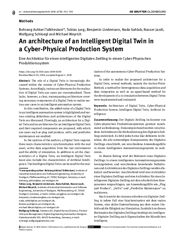 (PDF) An architecture of an Intelligent Digital Twin in a Cyber ...