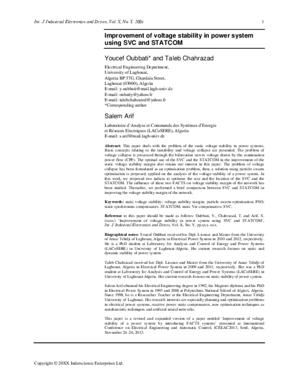 (PDF) Improvement of voltage stability in power system using SVC and ...
