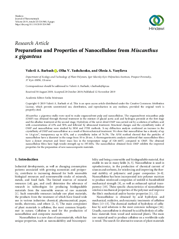 (PDF) Preparation and Properties of Nanocellulose from Miscanthus x ...