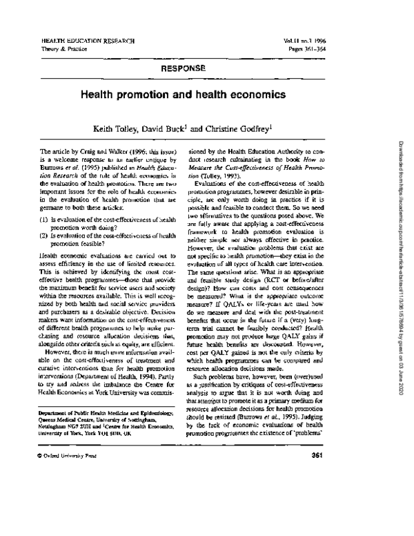(PDF) RESPONSE: Health promotion and health economics
