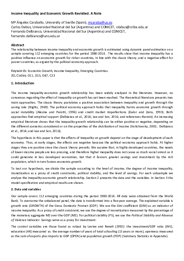 (PDF) Income Inequality and Economic Growth Revisited. A Note