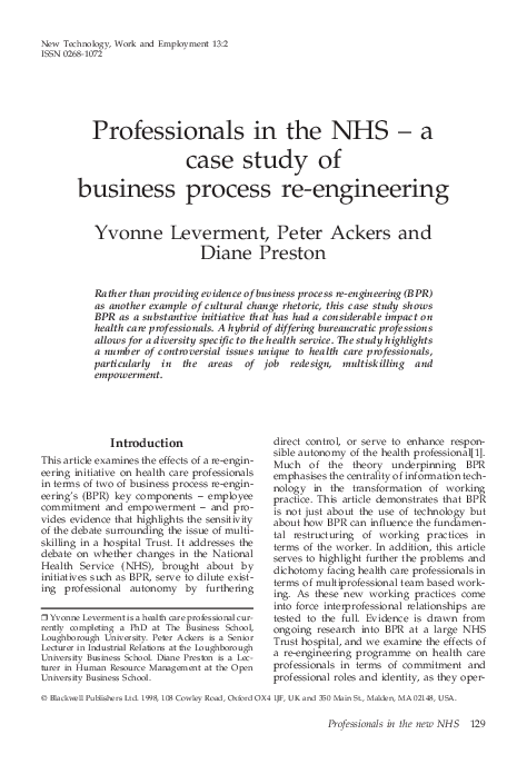 (PDF) Professionals in the NHS - a case study of business process re ...