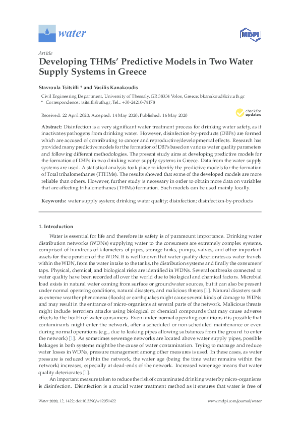 (PDF) Developing THMs’ Predictive Models in Two Water Supply Systems in ...