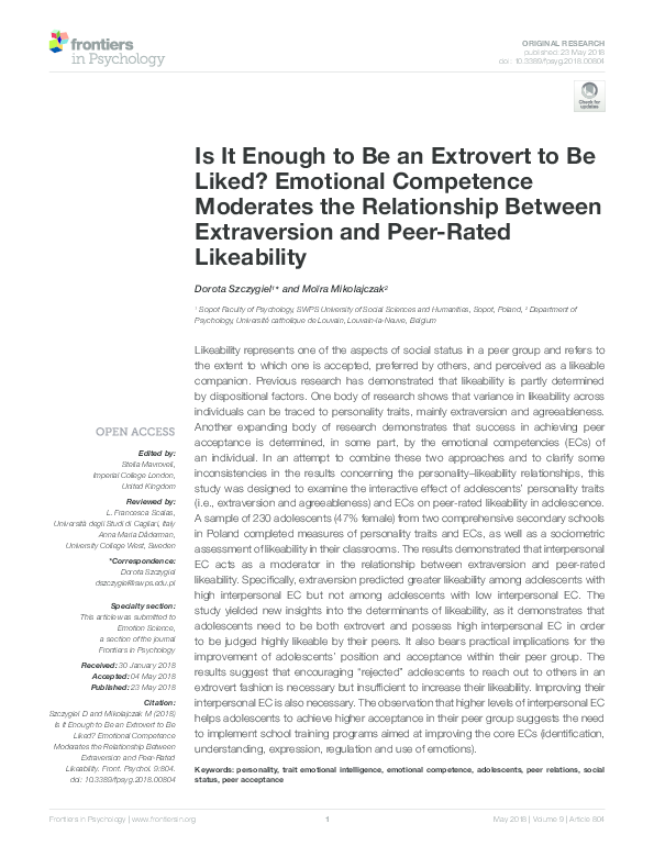 (PDF) Is It Enough to Be an Extrovert to Be Liked? Emotional Competence ...