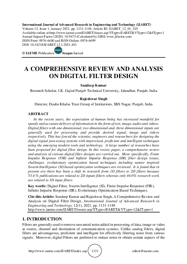 (PDF) A COMPREHENSIVE REVIEW AND ANALYSIS ON DIGITAL FILTER DESIGN