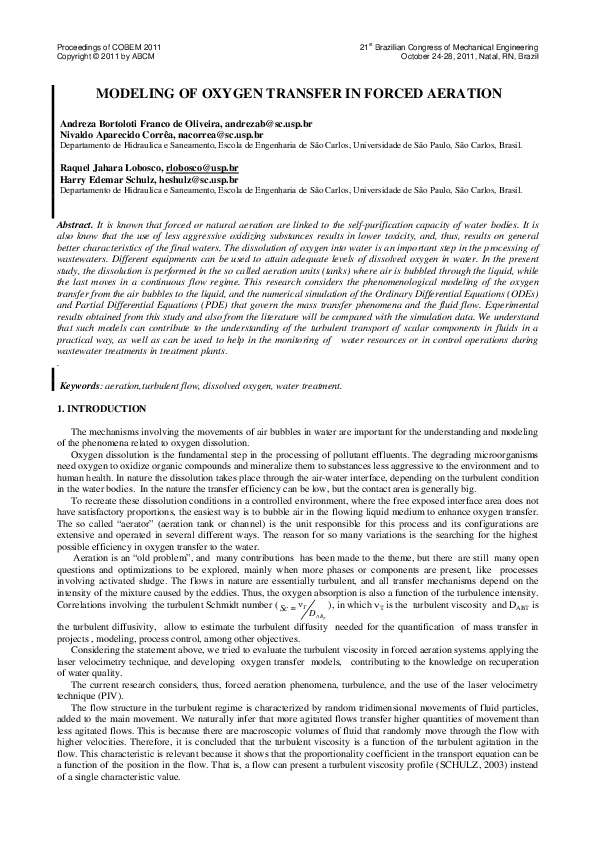 (PDF) Modeling of Oxygen Transfer in Forced Aeration
