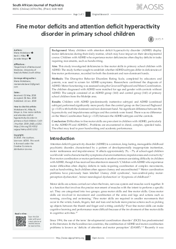 (PDF) Fine motor deficits and attention deficit hyperactivity disorder ...