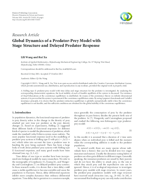 (PDF) Global Dynamics of a Predator-Prey Model with Stage Structure and ...