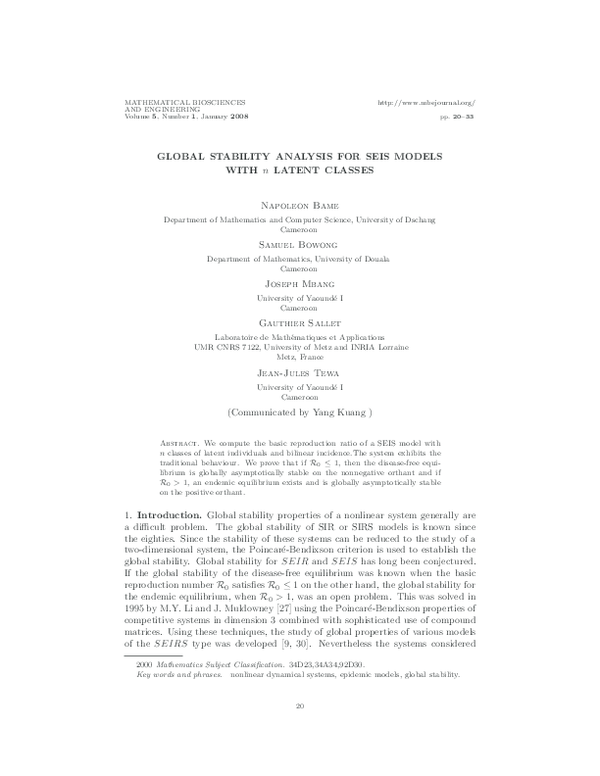 (PDF) Global stability analysis for SEIS models with n latent classes