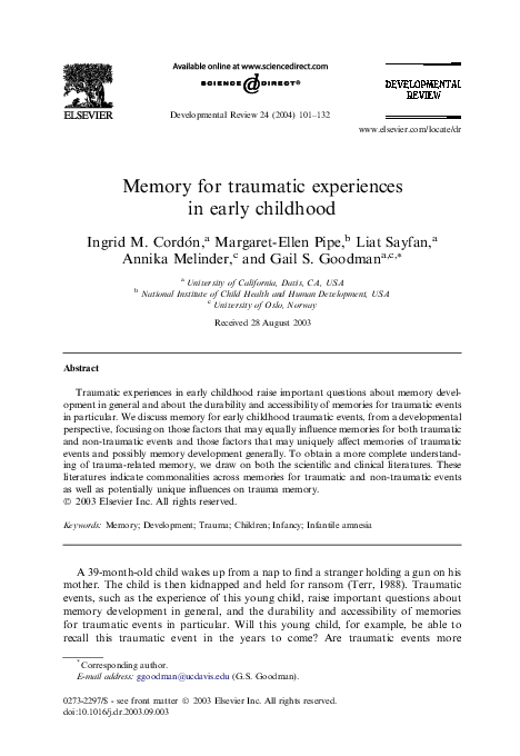 (PDF) Memory for traumatic experiences in early childhood
