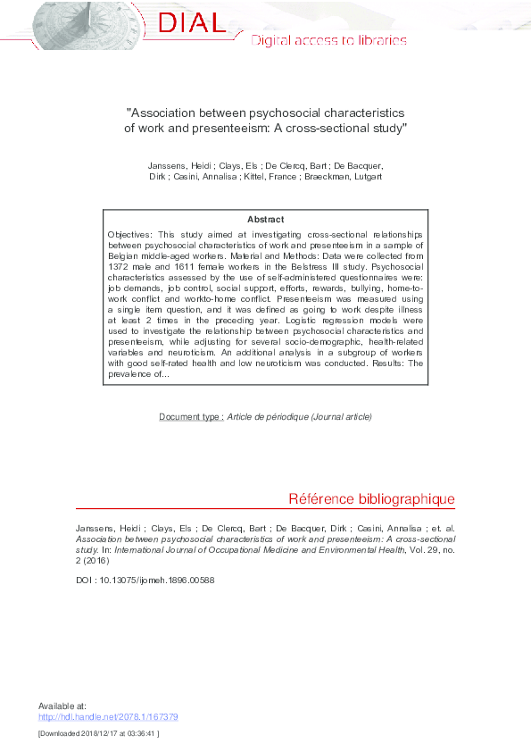 (PDF) Association between psychosocial characteristics of work and ...