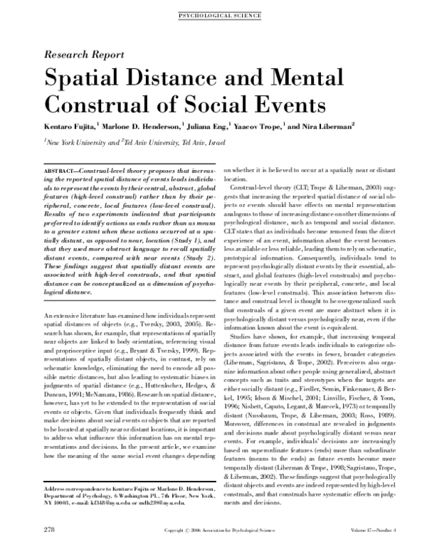 (PDF) Spatial Distance and Mental Construal of Social Events