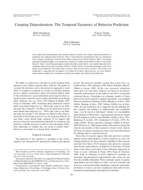 (PDF) Creeping dispositionism: The temporal dynamics of behavior prediction