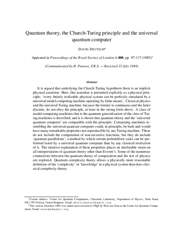 (PDF) Quantum Theory, the Church-Turing Principle and the Universal ...