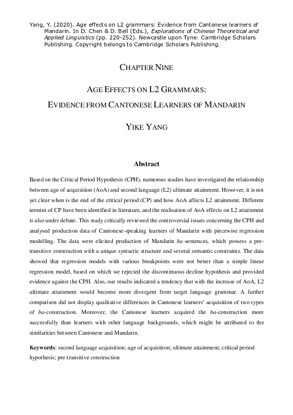 (PDF) Age effects on L2 grammars: Evidence from Cantonese learners of ...