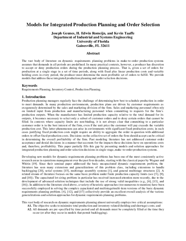 (PDF) Models for Integrated Production Planning and Order Selection